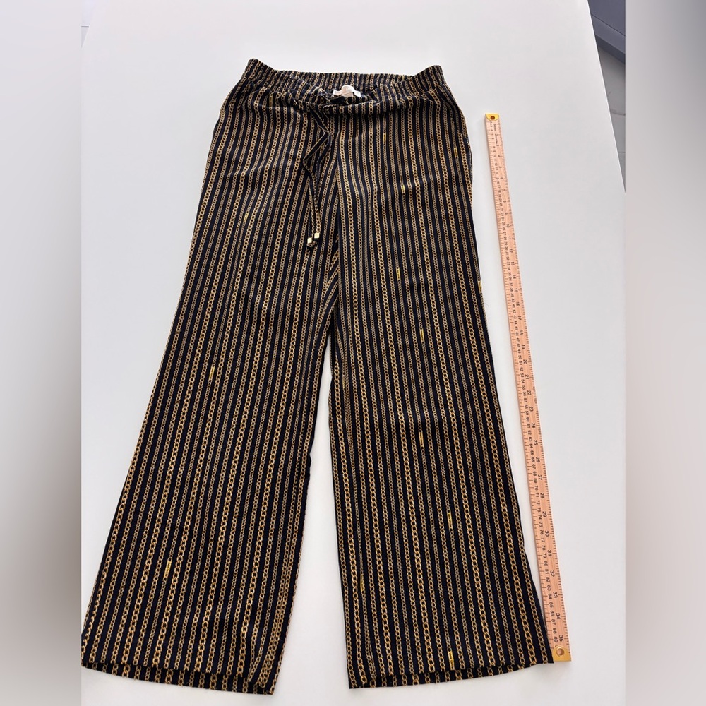 Michael Kors Wide Legged Black and Gold Logo Striped Pants Size Medium
